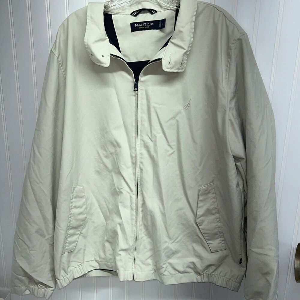 Men's Nautica Barracuda Bomber Jacket Windbreaker Classic Front Zip Beige L *G